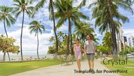  Presentation with waikiki beach - Colorful PPT theme enhanced with honolulu-city-travel-tourists-couple backdrop and a yellow colored foreground