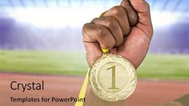  Presentation with gold medal - Audience pleasing slide set consisting of honor badge - athlete holding gold medal backdrop and a coral colored foreground