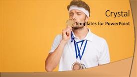  Presentation with funny - Amazing theme having honor badge - portrait of funny young spotrsman backdrop and a yellow colored foreground
