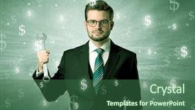  Presentation with dollar - Colorful slide set enhanced with honour - handsome businessman holding tool backdrop and a ocean colored foreground