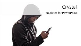  Presentation with hacker white - Presentation theme consisting of hooded hacker holding smartphone isolated background and a white colored foreground