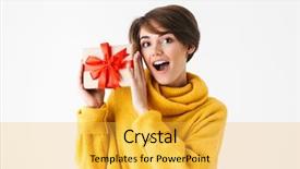  Presentation with cheerful stylish city girl using - Colorful PPT theme enhanced with hoodie standing isolated over white backdrop and a  colored foreground