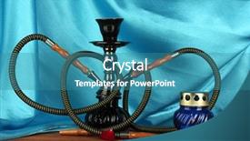  Presentation with blue curtain - Slides enhanced with hookah on a wooden table on a background of blue curtain close-up background and a teal colored foreground