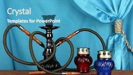  Presentation with blue curtain - Presentation consisting of hookah on a wooden table on a background of blue curtain close-up background and a teal colored foreground