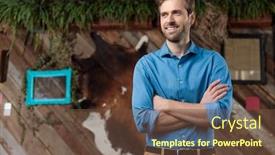  Presentation with hopeful - Presentation design having hopeful businessman looking away with his arms crossed at his chest while wearing a blue shirt and brown pants standing on a coffeeshop background background and a tawny brown colored foreground