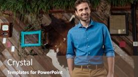  Presentation with hopeful - PPT theme consisting of hopeful businessman ooking away with his hand in his pocket and smiling while wearing a blue shirt and brown pants standing on a coffeeshop background background and a violet colored foreground