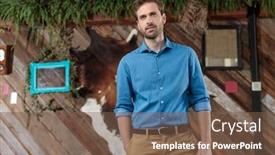  Presentation with hopeful - Amazing presentation theme having hopeful casual man looking away with his hand in his pocket while wearing a blue shirt and brown pants standing on a coffeeshop background backdrop and a tawny brown colored foreground