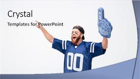  Presentation with hopeful - Cool new PPT theme with hopeful excited man fan in blue t-shirt standing isolated over white background looking aside backdrop and a sky blue colored foreground