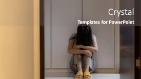  Presentation with woman sad - PPT theme featuring hopeless-woman-sit-on-floor background and a gray colored foreground