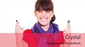  Presentation with young business woman smile show - Beautiful slides featuring hoping hard with fingers cross backdrop and a red colored foreground