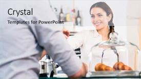  Presentation with waitress - Audience pleasing theme consisting of horeca - beautiful waitress serving male customer backdrop and a sky blue colored foreground