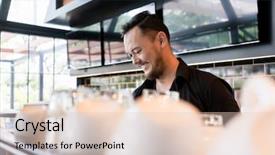  Presentation with cafeteria - Cool new slide deck with horeca - happy asian young man looking backdrop and a lemonade colored foreground