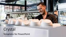  Presentation with cafeteria - Slide set featuring horeca - happy asian young man looking background and a light gray colored foreground