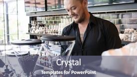  Presentation with coffee shop - Cool new PPT layouts with horeca - happy young man preparing espresso backdrop and a gray colored foreground