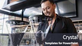  Presentation with coffee shop - Slide deck with horeca - happy young man preparing espresso background and a dark gray colored foreground