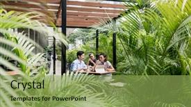  Presentation with cafeteria - Amazing PPT theme having horeca - people sitting down at tables backdrop and a yellow colored foreground