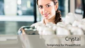  Presentation with working woman - Cool new slide deck with horeca - portrait of confident young woman backdrop and a light gray colored foreground
