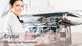  Presentation with coffee powder in machine - Colorful slide deck enhanced with horeca - young caucasian waitress looking backdrop and a mint green colored foreground