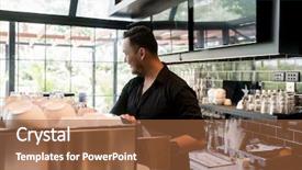  Presentation with coffee shop - Audience pleasing presentation theme consisting of horeca - young man smiling while working backdrop and a tawny brown colored foreground