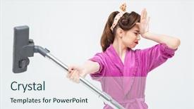  Presentation with vacuum cleaner robot - Beautiful theme featuring hores - unhappy tired young woman giving backdrop and a sky blue colored foreground