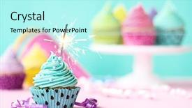  Presentation with cupcake - PPT layouts featuring horizontal blue ribbons - birthday cupcake with sparkler background and a arctic colored foreground