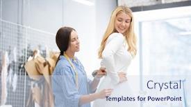  Presentation with professional - PPT theme with horizontal-portrait-of-professional-seamstress background and a sky blue colored foreground