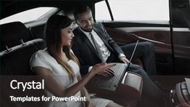  Presentation with car business - Audience pleasing theme consisting of horizontal progress - conversation of two business people backdrop and a dark gray colored foreground