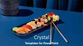  Presentation with deep blue - Presentation with horizontal-shot-of-a-sushi background and a  colored foreground