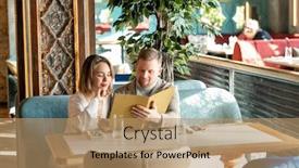  Presentation with restaurant menu - PPT theme featuring horizontal-shot-of-happy-young background and a coral colored foreground