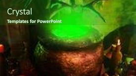  Presentation with witchcraft - Presentation theme featuring horrible-old-witch-holding-staff background and a forest green colored foreground