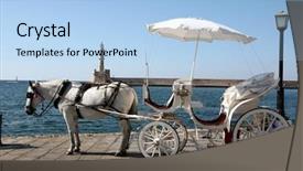  Presentation with customers - Presentation theme enhanced with horse-drawn taxi awaiting customers background and a light blue colored foreground