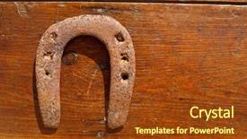  Presentation with antique wood furniture - Amazing slide deck having ironhorse - antique horseshoe luck symbol rusted backdrop and a tawny brown colored foreground