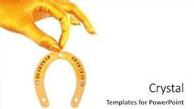  Presentation with gold - Presentation having horse shoes lucky charm - golden hand holding gold horseshoe background and a white colored foreground