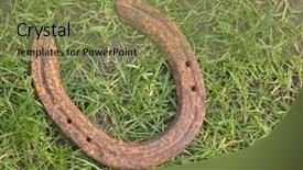  Presentation with grass - Amazing theme having horse shoes lucky charm - old rusted horseshoe lying backdrop and a violet colored foreground