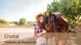  Presentation with cowgirl - PPT theme enhanced with smiling cute young woman cowgirl background and a coral colored foreground