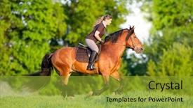  Presentation with horse riding - Amazing presentation design having horseback riding young woman is backdrop and a gold colored foreground