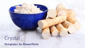  Presentation with root - PPT layouts with horseradish root and grated horseradish background and a sky blue colored foreground