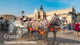  Presentation with square - Slide deck having horses-carriages-at-main-square background and a violet colored foreground