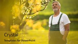  Presentation with horticulture - Presentation with horticulture - portrait of senior man gardening background and a gold colored foreground