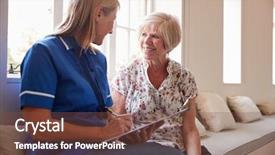  Presentation with hospice - Theme enhanced with hospice - senior woman sits with nurse background and a tawny brown colored foreground
