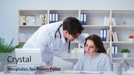  Presentation with patient check up tecnology - Audience pleasing slides consisting of hospis - female patient visiting male doctor backdrop and a light blue colored foreground