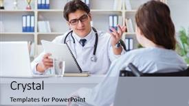  Presentation with doctor patient relations - Presentation having hospis - female patient visiting male doctor background and a light blue colored foreground