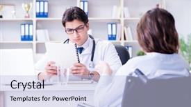  Presentation with nurse a male patient - PPT layouts featuring hospis - female patient visiting male doctor background and a light blue colored foreground