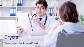  Presentation with doctor patient relations - Audience pleasing presentation design consisting of hospis - female patient visiting male doctor backdrop and a sky blue colored foreground