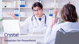  Presentation with doctor patient relations - PPT layouts featuring hospis - female patient visiting male doctor background and a sky blue colored foreground