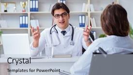  Presentation with doctor patient relations - Presentation theme consisting of hospis - female patient visiting male doctor background and a light blue colored foreground