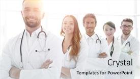  Presentation with successful - Cool new presentation with hospis - group of happy successful doctors backdrop and a light gray colored foreground
