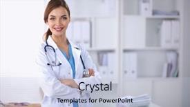  Presentation with doctor helps to get out of bed an elderly woman - PPT theme with hospis - portrait of young woman doctor background and a light blue colored foreground