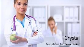  Presentation with doctor helps to get out of bed an elderly woman - Colorful slide deck enhanced with hospis - portrait of young woman doctor backdrop and a  colored foreground