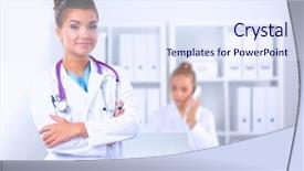  Presentation with doctor helps to get out of bed an elderly woman - Colorful slide deck enhanced with hospis - portrait of young woman doctor backdrop and a  colored foreground